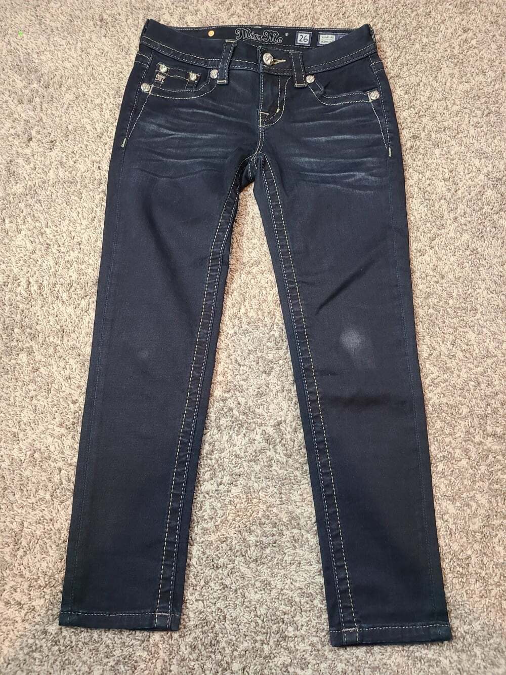 Miss Me Skinny Crop Jeans 26 Silver Embroidery Thick Stitch Denim JE8364SC